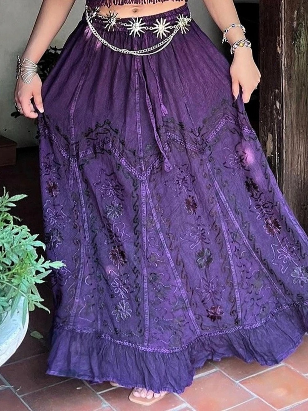PuzzleStack Pari Purple Embroidered Boho Maxi Skirt L